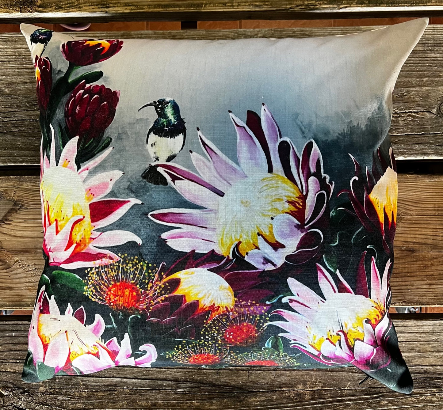 Cushion Cover Grey Pink Protea Sunbird