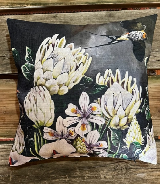 White Protea and Swallows Cushion Cover