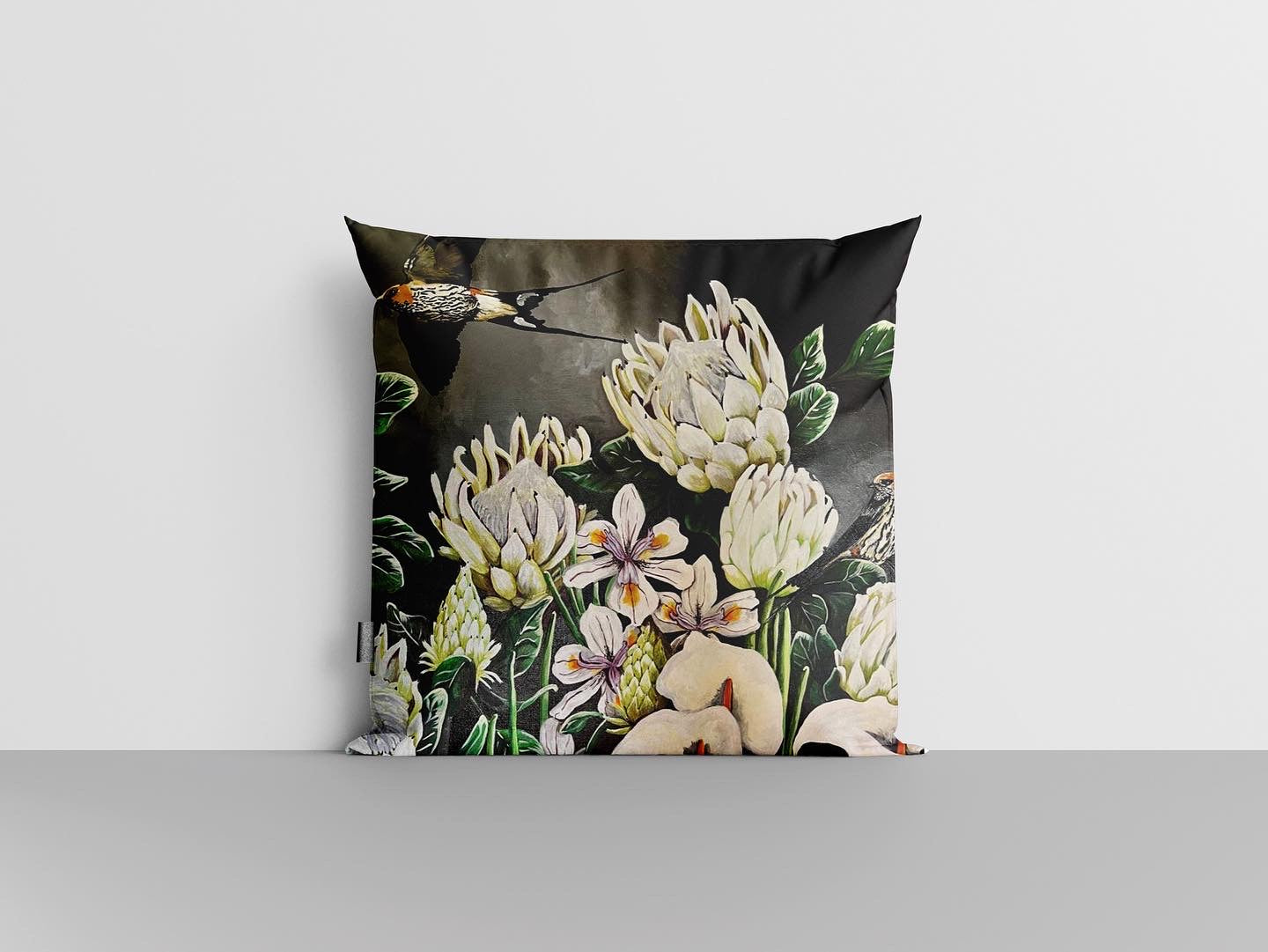 White Protea and Swallows Cushion Cover